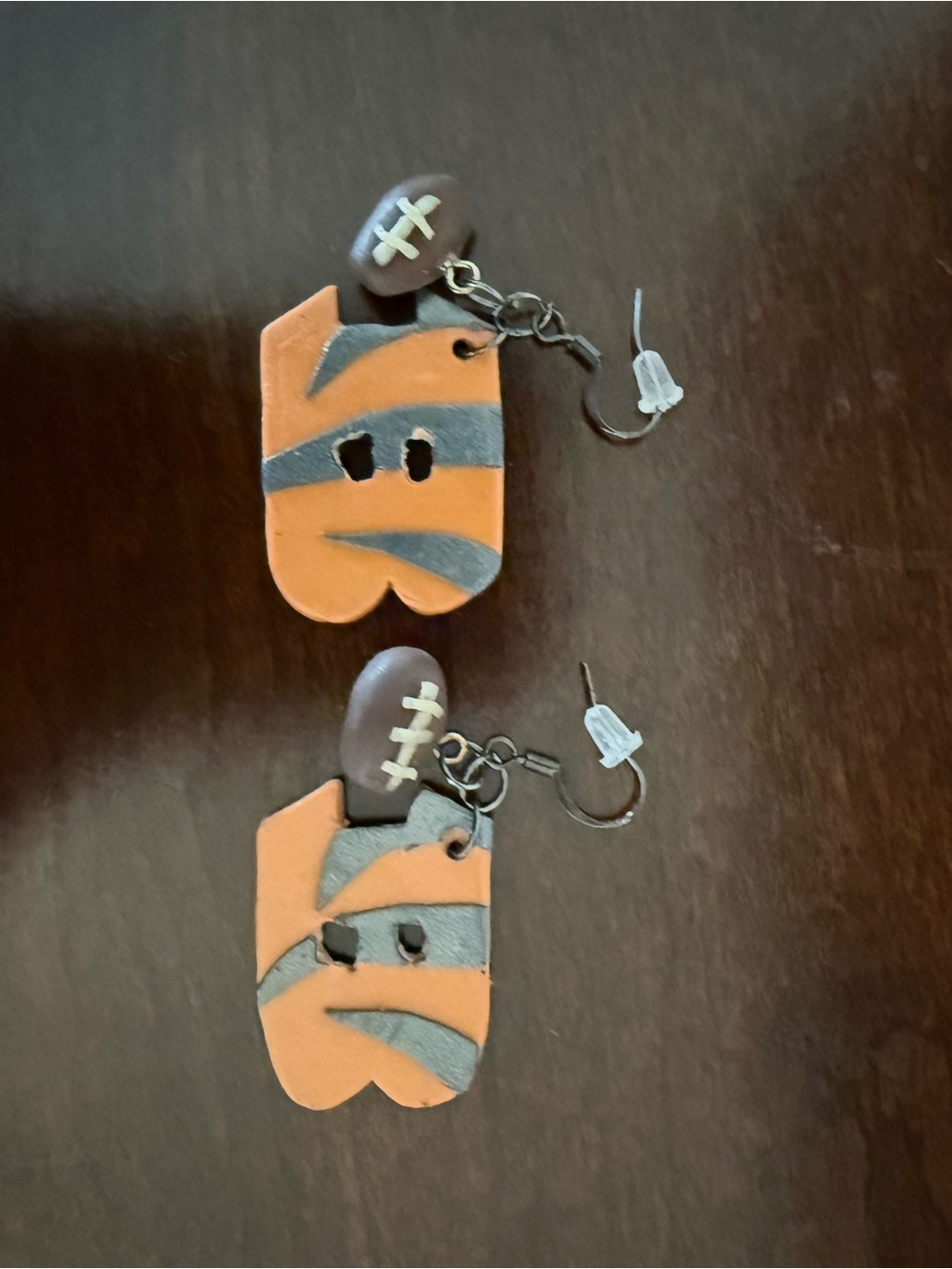 Handcrafted Orange and Gray Football Dangle Earrings